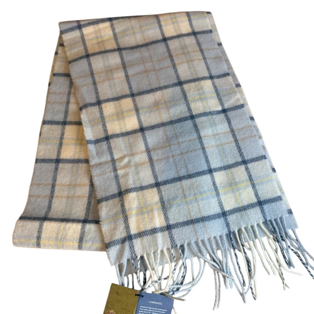 Johnstons of Elgin Scotland Lambswool Fringed Scarf Light Blue Plaid